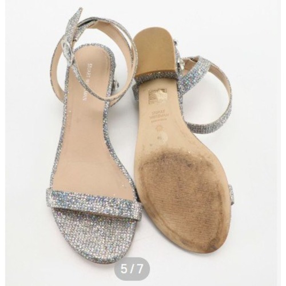 Stuart Weitzman Morepearls Silver Multi Glitter Crystal Block Heel Sandals 8B